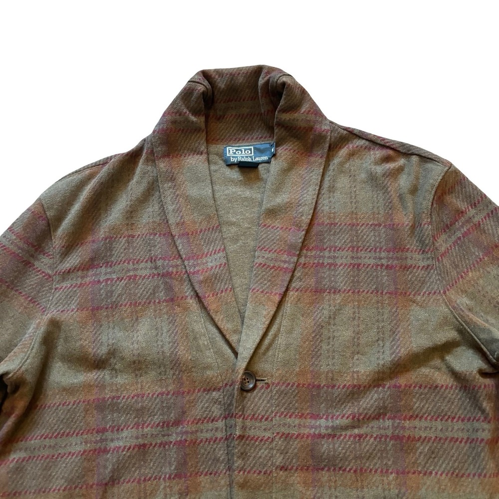 Polo Ralph Lauren Mens Shawl Collar‎ Plaid Cardigan Olive Green Elbow Patches M